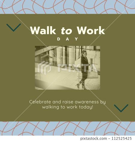 Composition of walk to work day text over caucasian businesswoman at office on green background Composition of walk to work day text over caucasian businesswoman at office on green background 112525425