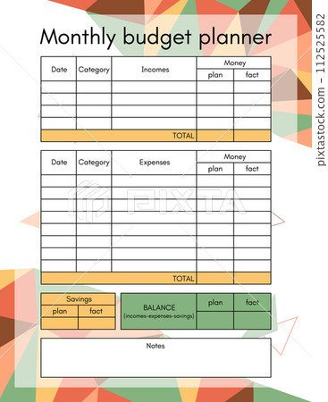 Budget planner monthly template page. Financial plan of incomes, expenses and savings in month. Money accounting for family household or business. Vector printable blank worksheet in poly art style 112525582