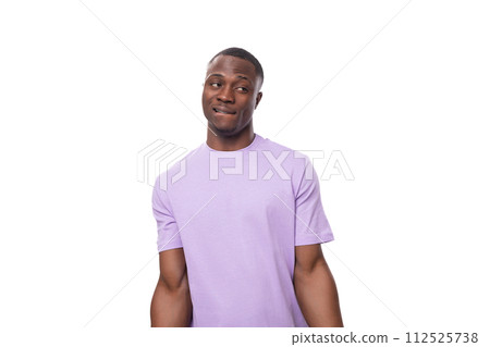 young charismatic 30 year old american man dressed in corporate lilac cotton t-shirt with print young charismatic 30 year old american man dressed in corporate lilac cotton t-shirt with print 112525738