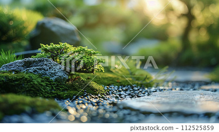 日本花園景觀與苔蘚和石頭 AI 圖像 112525859