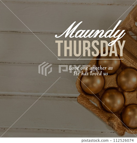 Composition of maundy thursday text over gold eggs on wooden background 112526074