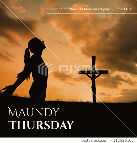Composition of maundy thursday text over woman silhouette, cross and sky with clouds Composition of maundy thursday text over woman silhouette, cross and sky with clouds 112526103