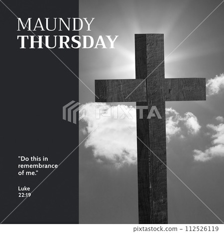 Composition of maundy thursday text over cross and sky with clouds 112526119