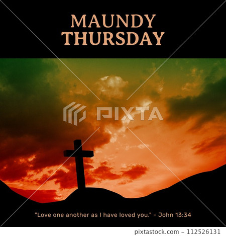 Composition of maundy thursday text over cross and sky with clouds 112526131