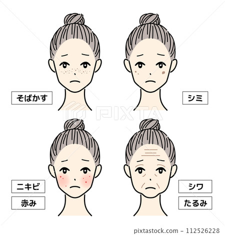 Face illustration of a woman with skin problems: spots, freckles, wrinkles, sagging, acne, redness Face illustration of a woman with skin problems: spots, freckles, wrinkles, sagging, acne, redness 112526228