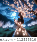 A corolla on a moonlit night, cherry blossoms at night wrapped in a fantastic light 112526310