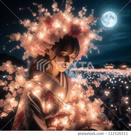 A corolla on a moonlit night, cherry blossoms at night wrapped in a fantastic light 112526311