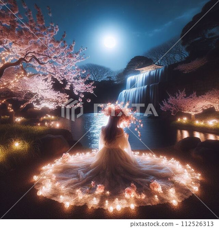 A corolla on a moonlit night, cherry blossoms at night wrapped in a fantastic light 112526313