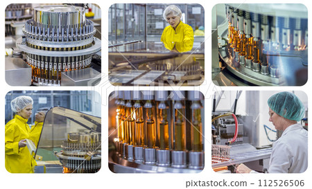Ampoule Medications and Vaccine Manufacturing - The Development of New Medicines Photo - Collage. 112526506