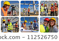 Construction Project Team in Hardhats Working at Construction Site - Business, Building, Teamwork and Gender Equality Concept - Photo Collage. 112526750