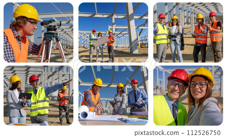 Construction Project Team in Hardhats Working at Construction Site - Business, Building, Teamwork and Gender Equality Concept - Photo Collage. Construction Project Team in Hardhats Working at Construction Site - Business, Building, Teamwork and Gender Equality Concept - Photo Collage. 112526750