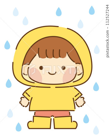 一個孩子在雨中穿著雨衣,有一條線 一個孩子在雨中穿著雨衣,有一條線 112527244