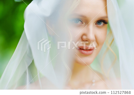 Portrait of a blonde bride in a veil against the background of green trees. Portrait of a blonde bride in a veil against the background of green trees. 112527868