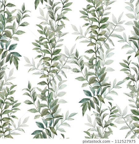 Seamless pattern with watercolor leaves and flowers. Mural. A delicate vertical wreath of plants and flowers. 112527975
