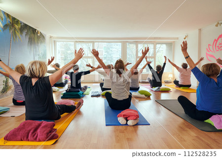 A group of senior women engage in various yoga exercises, including neck, back, and leg stretches, under the guidance of a trainer in a sunlit space, promoting well-being and harmony A group of senior women engage in various yoga exercises, including neck, back, and leg stretches, under the guidance of a trainer in a sunlit space, promoting well-being and harmony 112528235