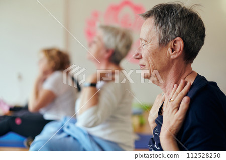 A group of senior women engage in various yoga exercises, including neck, back, and leg stretches, under the guidance of a trainer in a sunlit space, promoting well-being and harmony A group of senior women engage in various yoga exercises, including neck, back, and leg stretches, under the guidance of a trainer in a sunlit space, promoting well-being and harmony 112528250