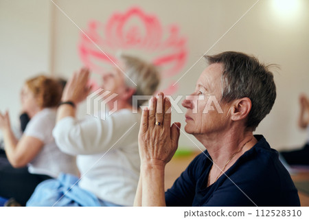 A group of senior women engage in various yoga exercises, including neck, back, and leg stretches, under the guidance of a trainer in a sunlit space, promoting well-being and harmony 112528310