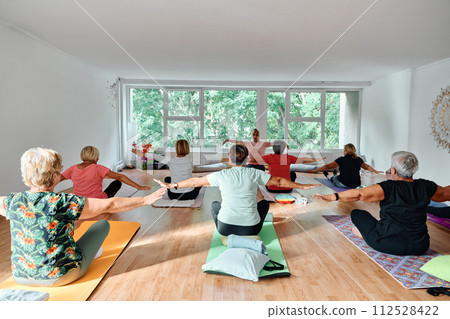 A group of senior women engage in various yoga exercises, including neck, back, and leg stretches, under the guidance of a trainer in a sunlit space, promoting well-being and harmony A group of senior women engage in various yoga exercises, including neck, back, and leg stretches, under the guidance of a trainer in a sunlit space, promoting well-being and harmony 112528422