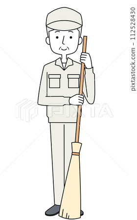 Illustration of a senior man in work clothes holding a bamboo broom 112528430
