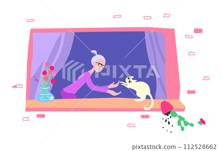 A woman stretches out her hands to a white cat on the window. The kitten dropped a flower pot. Cheerful vector illustration with a brick wall and a window with a curtain. For poster, fabric, paper 112528662