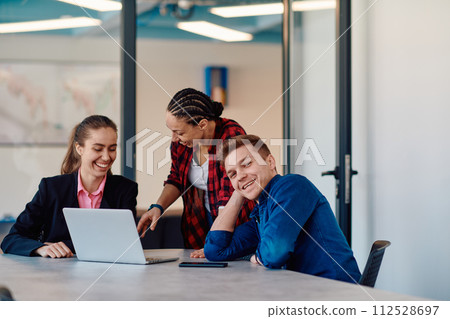 A team of successful programmers sits in a startup office, strategizing new business projects and solving existing challenges, showcasing innovation and collaboration in the tech industry 112528697