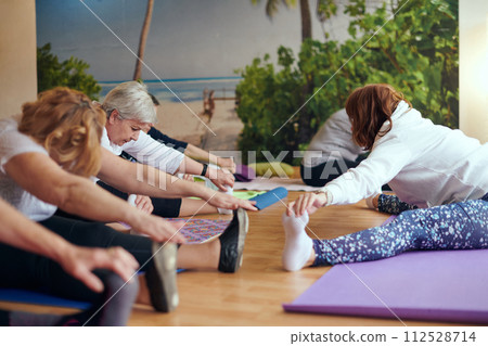 A group of senior women engage in various yoga exercises, including neck, back, and leg stretches, under the guidance of a trainer in a sunlit space, promoting well-being and harmony 112528714