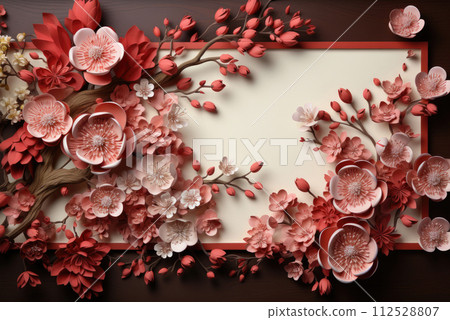 Blank for text in a cherry blossom frame on a brown background. Chinese New Year Concept Blank for text in a cherry blossom frame on a brown background. Chinese New Year Concept 112528807