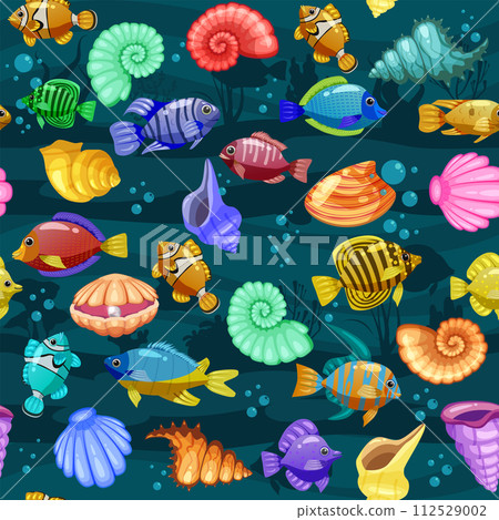 Tropical fishes, shells cartoon seamless pattern. Cute funny underwater characters 112529002