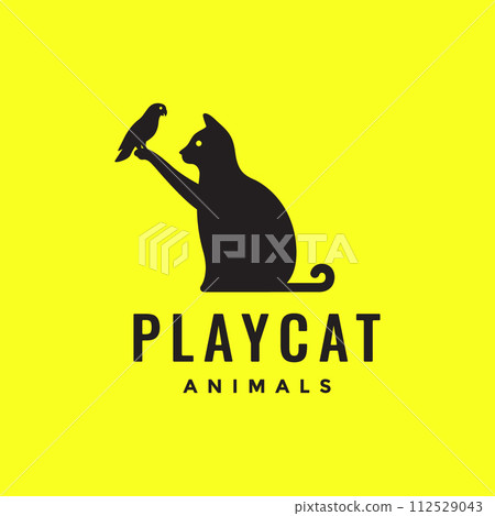 black cat playing bird pets modern minimal mascot logo vector icon illustration 112529043