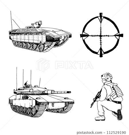 Military set of Merkava tank and personnel carrier Namer with sniper soldier of Israeli Defense Forces and optical sight black and white graphic vector illustration 112529190