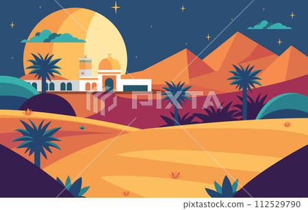 Flat Design Illustration of Islamic Mosque with Pyramid in Arabian Desert at Night 112529790