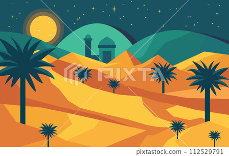 Flat Design Illustration of Mosque Building with Date Trees in Arabian Desert at Night 112529791