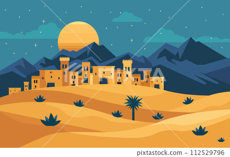 Flat Design Illustration of Ancient Palace Building in Arabian Desert at Night Flat Design Illustration of Ancient Palace Building in Arabian Desert at Night 112529796