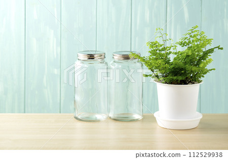 Glass bottle with blue wall and adiantum 112529938