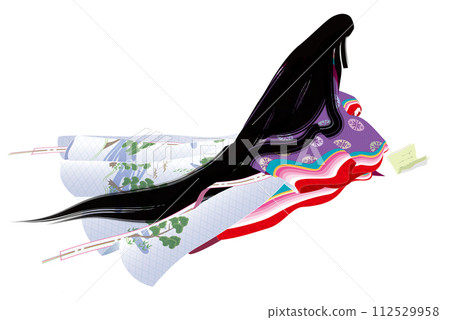 穿著句子和 12 人服裝的女人的後視圖插圖。日本民間服裝。 112529958