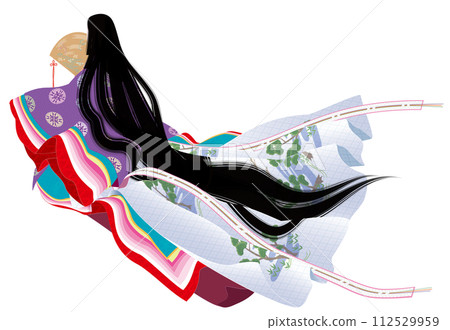 Illustration of the back view of a woman wearing a hinoki fan and a junihitoe costume.Japanese folk costume. 112529959