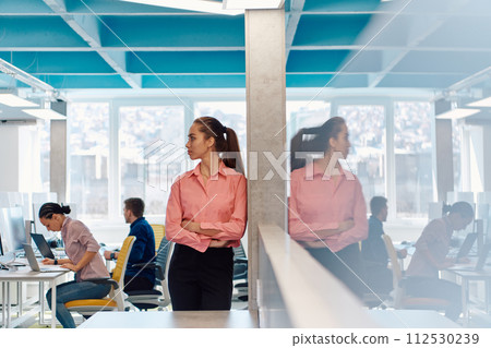Portrait of young smiling business woman in creative open space coworking startup office. Successful businesswoman standing in office with copyspace. Coworkers working in background 112530239
