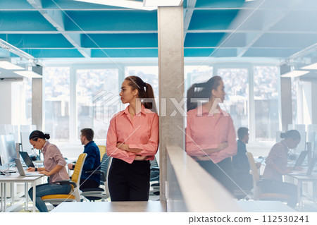 Portrait of young smiling business woman in creative open space coworking startup office. Successful businesswoman standing in office with copyspace. Coworkers working in background 112530241