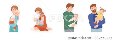 Mother and Father Love Their Kids Play and Embrace Them Vector Set 112530277