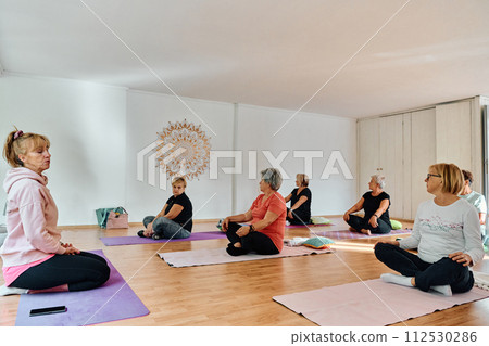 A group of senior women engage in various yoga exercises, including neck, back, and leg stretches, under the guidance of a trainer in a sunlit space, promoting well-being and harmony 112530286