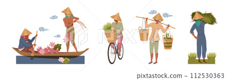 Asian Farmers in Straw Conical Hat Working on Field Vector Set 112530363