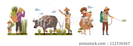 Asian Farmers in Straw Conical Hat Working on Field Vector Set 112530367