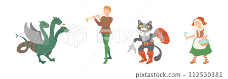 Fairy Tales Characters with Dragon, Bard, Cat in Boots and Red Riding Hood Vector Set Fairy Tales Characters with Dragon, Bard, Cat in Boots and Red Riding Hood Vector Set 112530381
