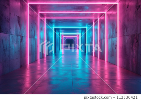 3D render of an empty room with neon lights in blue and pink colors on the walls, abstract background 112530421