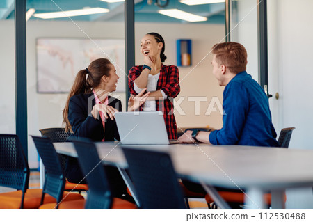 A team of successful programmers sits in a startup office, strategizing new business projects and solving existing challenges, showcasing innovation and collaboration in the tech industry 112530488