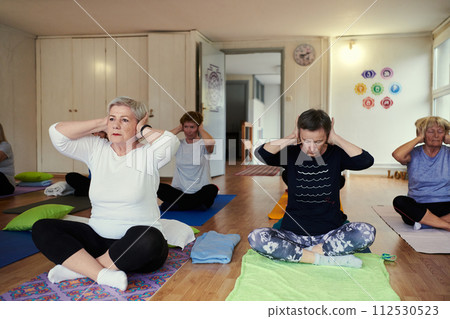 A group of senior women engage in various yoga exercises, including neck, back, and leg stretches, under the guidance of a trainer in a sunlit space, promoting well-being and harmony 112530523