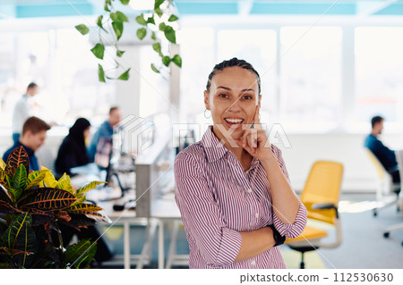 Portrait of young smiling business woman in creative open space coworking startup office. Successful businesswoman standing in office with copyspace. Coworkers working in background 112530630