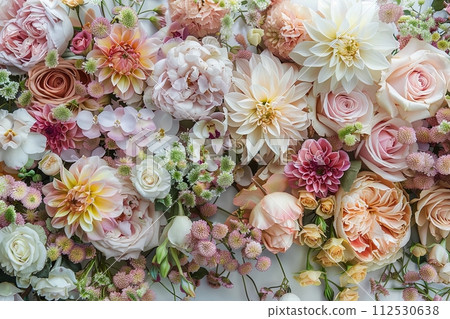 a frame of a variety of flower arrangements on a white background 112530638