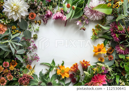 a frame of a variety of flower arrangements on a white background 112530641