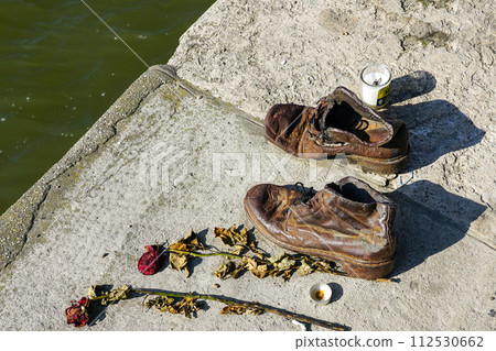 Iron Shoes memorial to 2WW Jewish Holocaust victims symbolizing the massacre of people shot Iron Shoes memorial to 2WW Jewish Holocaust victims symbolizing the massacre of people shot 112530662